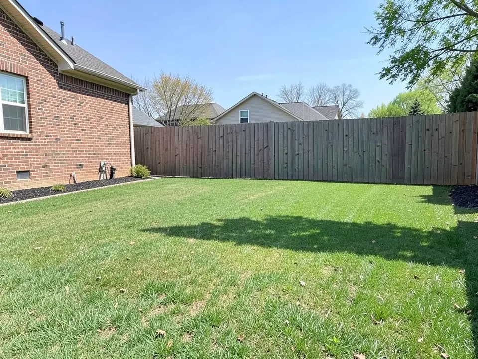 AI-generated example: a wide flat green lawn beside a brick house with a tall dark wooden fence along the back, bare grass and nothing on it
