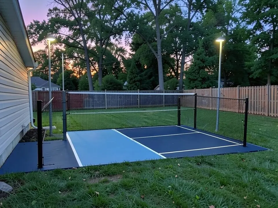 AI-edited version of the same image: the pad is painted as a dark and light blue pickleball court with white lines and a net, with tall lit light poles behind it and low black mesh at the ends