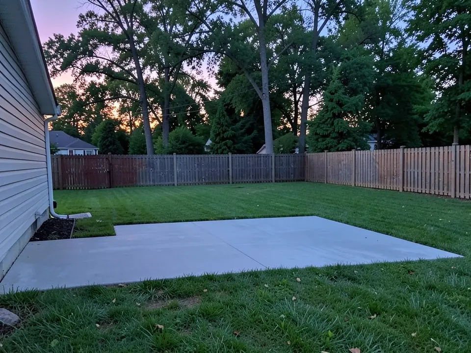 AI-generated example: a backyard at dusk with a flat grey concrete pad at the back of a green lawn, tall trees and a wooden fence behind it and the side of a house on the left