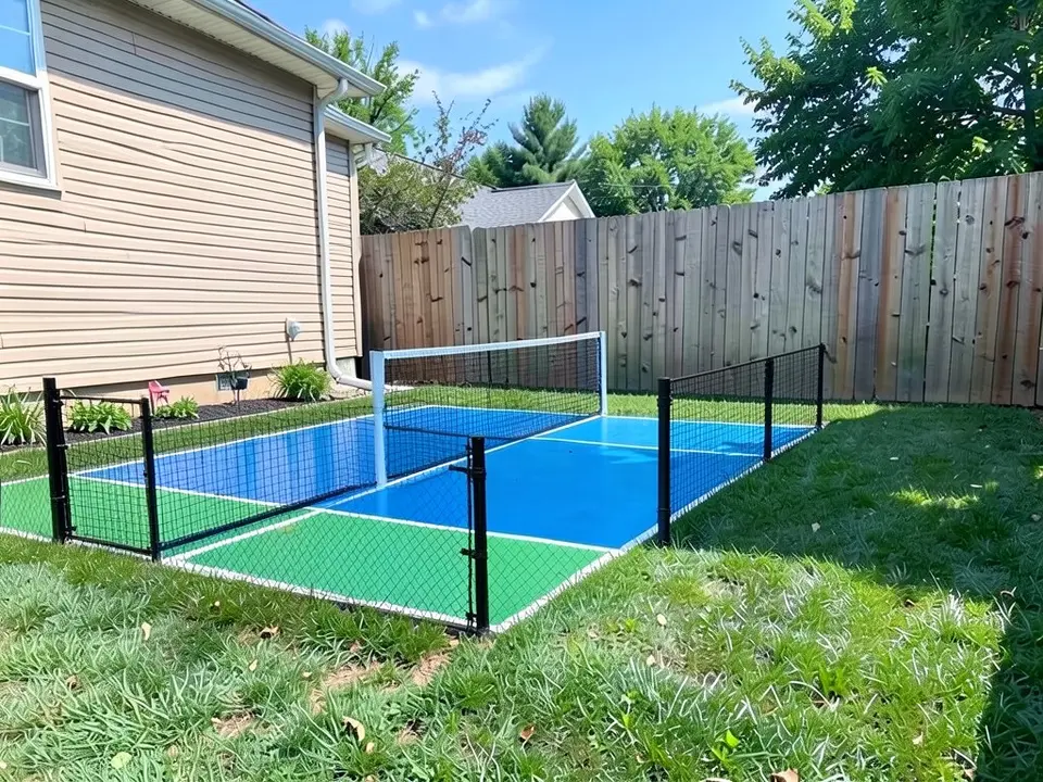 AI-edited version of the same image: the slab is painted as a pickleball court, blue with a green section, with white lines, a net across it and black mesh fencing along part of its edge