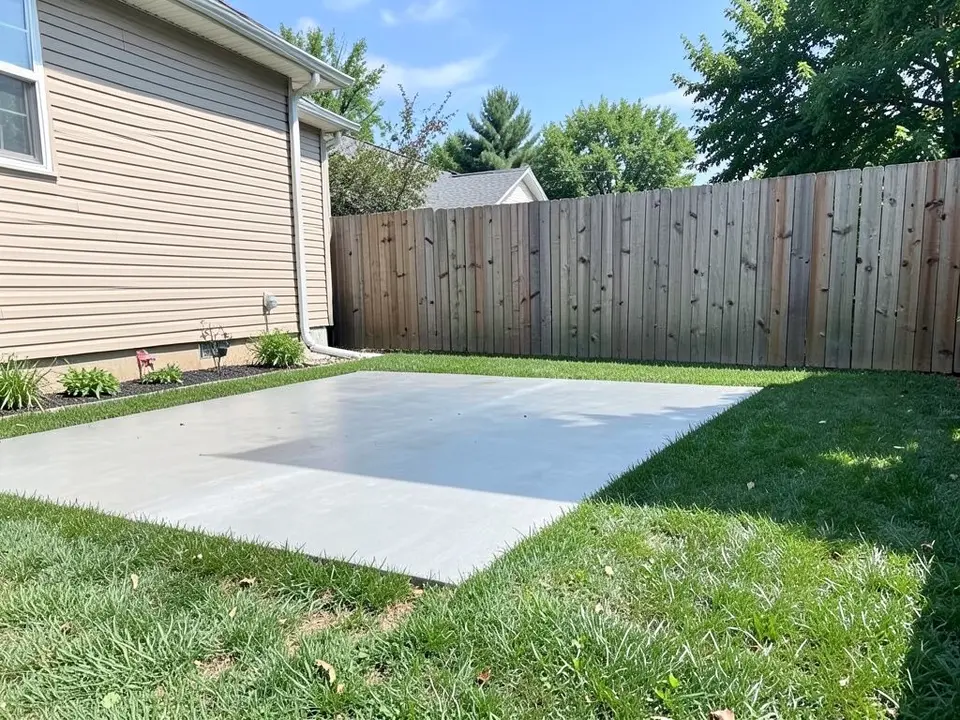 AI-generated example: a backyard with a plain grey concrete slab on a green lawn beside the beige side of a house, with a tall wooden fence at the back and trees behind it