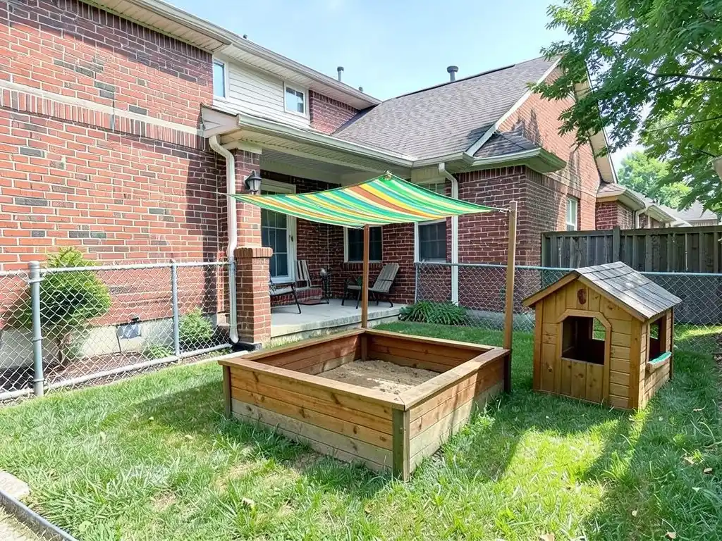 AI-edited version of the same image: a square wooden sandbox full of sand on the lawn, a green, yellow and orange striped shade sail on two wooden posts above it, and a small wooden house with a shingle roof and an open doorway beside it
