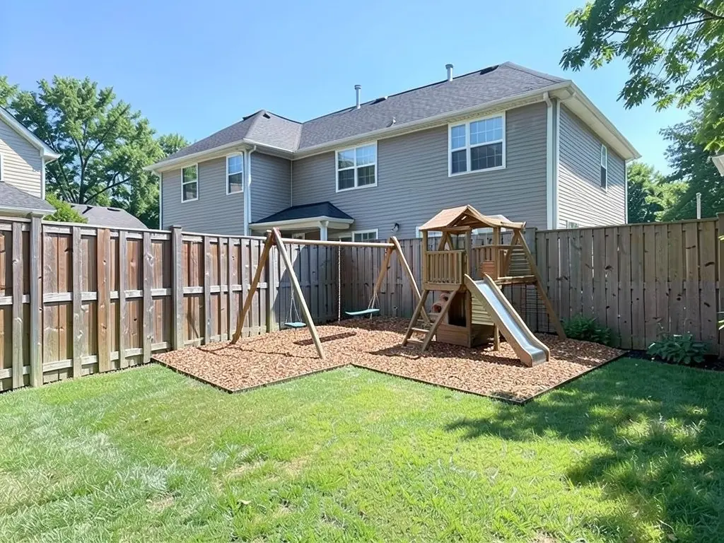AI-edited version of the same image: a wooden A-frame swing set with two swings and a small wooden fort with a slide joined to it, on a patch of wood chip mulch at the back of the lawn by the fence