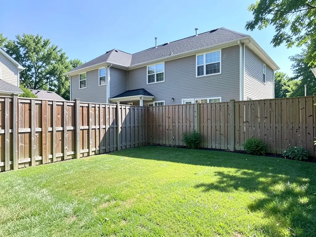 AI-generated example: a flat green lawn inside a tall wooden privacy fence, with a few shrubs at the base of the fence and a two-story grey sided house beyond it