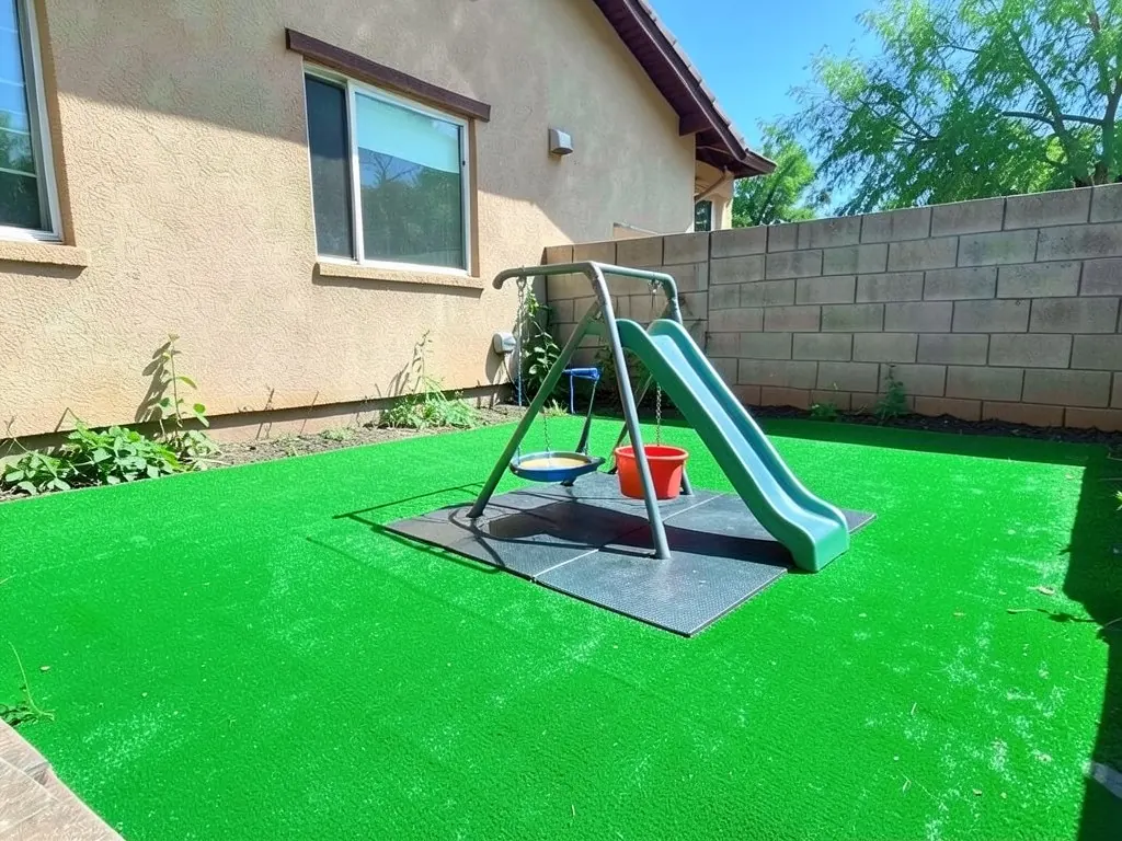 AI-edited version of the same image: bright green artificial turf over the yard and a metal swing frame with a green slide, a red toddler bucket swing and a round swing seat, on dark rubber play mats in the middle