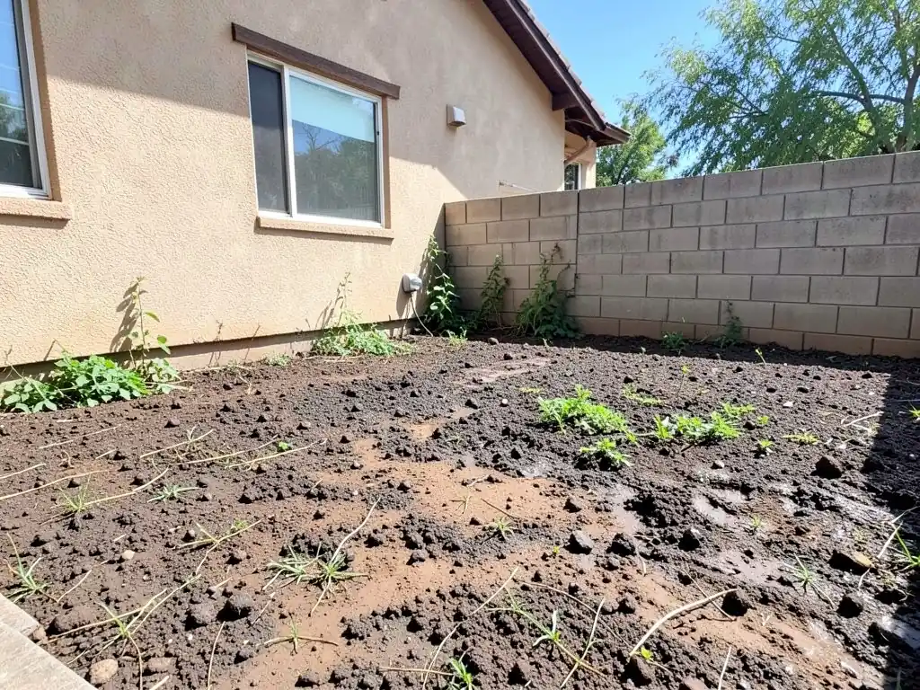 AI-generated example: a muddy backyard of bare dark dirt with weeds, beside a beige stucco house and a grey concrete block wall, with weeds growing along the house and the wall