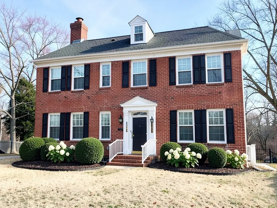 AI-edited version of the same image: the same red brick colonial with deeper beds of dark mulch with black edging on both sides of the front steps, holding round green boxwood shrubs and white hydrangeas in bloom, in front of the dry tan lawn