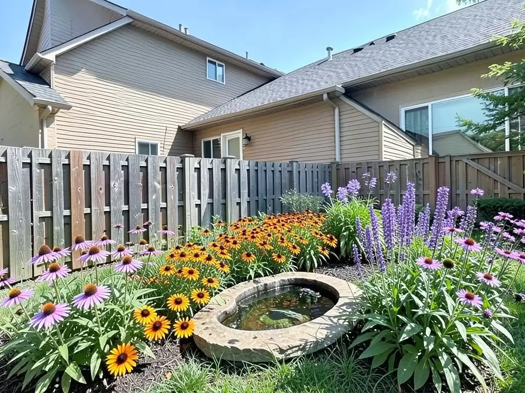 AI-edited version of the same image: a dense flower border of purple coneflowers, black-eyed susans, orange daisies and tall purple flower spikes filling most of the lawn, with a shallow stone basin of water among the flowers