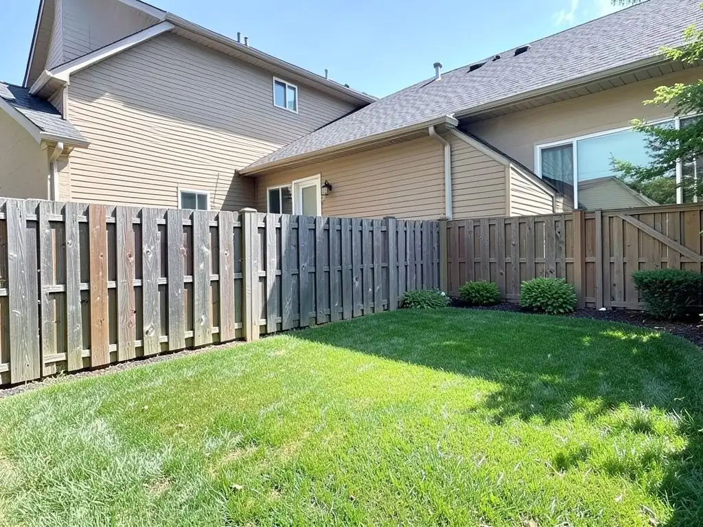 AI-generated example: a small square lawn behind a beige two-story house, enclosed by a weathered wooden privacy fence with a few small shrubs along the back