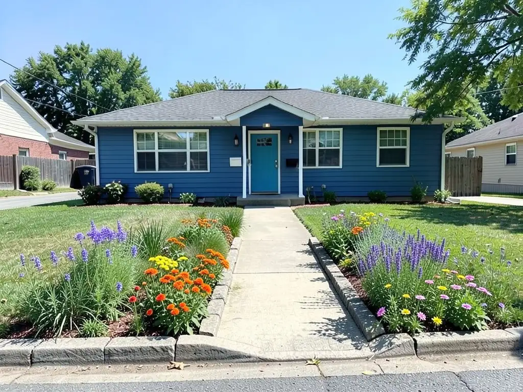 AI-edited version of the same image: flower beds on both sides of the walkway with purple flower spikes, orange and pink zinnia-like flowers and yellow clusters, edged with stone blocks along the walkway