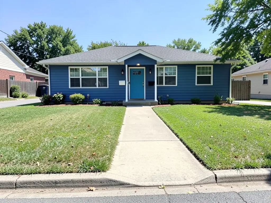 AI-generated example: a blue one-story house with a teal front door, a straight concrete walkway from the curb to the door and plain lawn on both sides