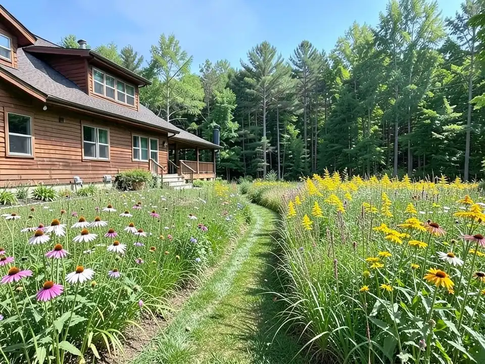 AI-edited version of the same image: a tall wildflower meadow of pink and white coneflowers, goldenrod and yellow daisies with a curving mown grass path through it, in front of the same house and woods
