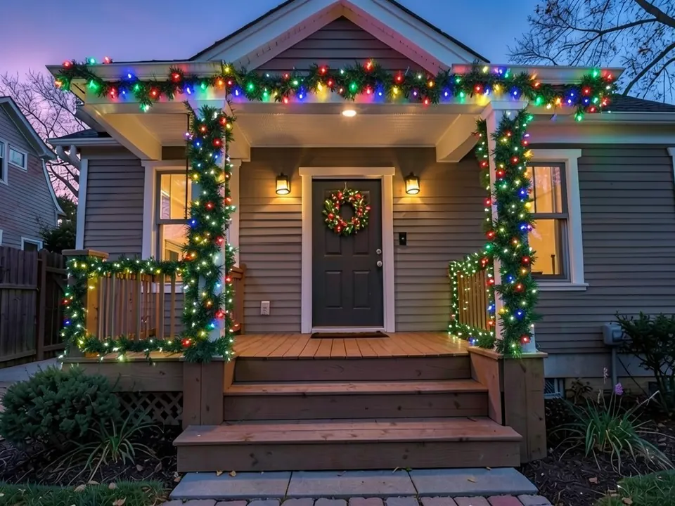 AI-edited version of the same image: multicolor large-bulb lights set in green garland along the porch roof edge, garland with mixed colored and white lights wrapped around both columns, garland with lights on the railings and a lit red and green wreath with red bows on the door
