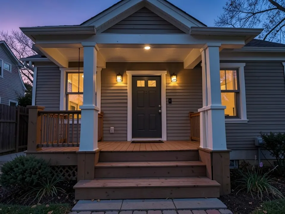 AI-generated example: a craftsman-style front porch at dusk with two square white columns on wooden bases, wooden steps and railings, a dark front door with two small glass panes, two wall lanterns and a ceiling light
