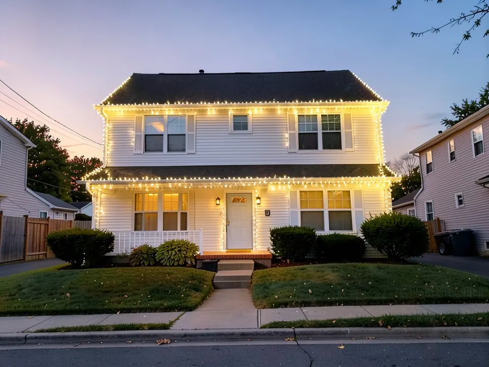 AI-edited version of the same image: warm white string lights along the upper eave, both sloped roof edges and the porch roof edge, lights down both sides of the door frame and down the house corners and downspouts, and the front door now pale grey