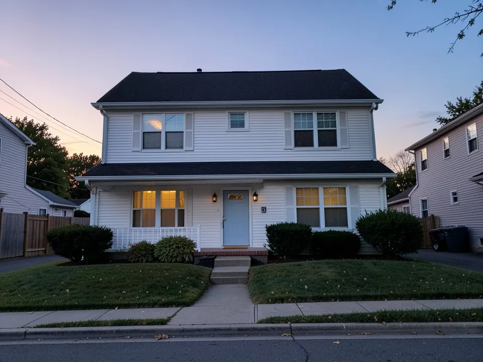 AI-generated example: a two-story white-sided house at dusk with a dark roof, a light blue front door between two wall lanterns, a small porch with a white railing, round shrubs, a front lawn with fallen leaves, a concrete walk and steps, and neighboring houses