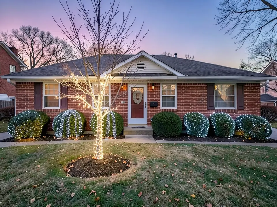 AI-edited version of the same image: warm white lights wrapped around the small tree's trunk and lower branches, cool white lights covering six of the seven boxwoods, and the boxwood just right of the door left unlit