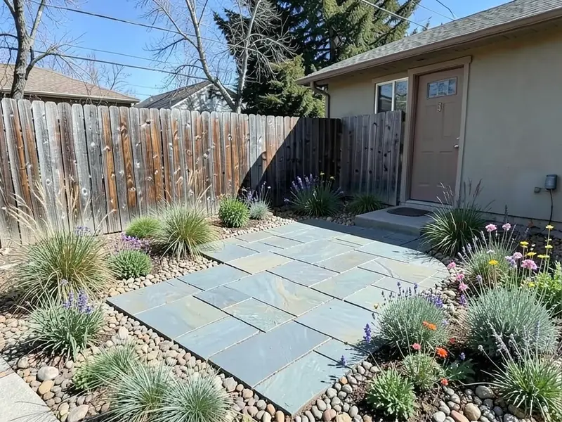 AI-edited version of the same image: a gray-blue flagstone patio leading out from the back door, with river-rock mulch beds of ornamental grasses and purple and pink flowering perennials on both sides