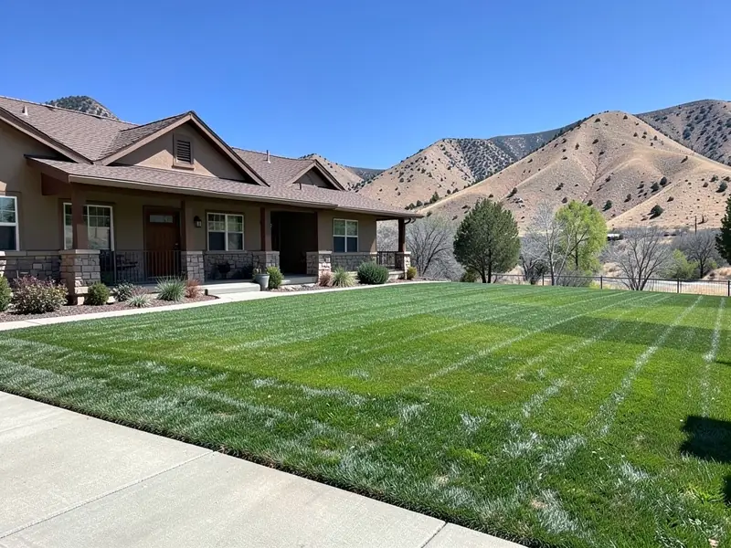 AI-generated example: a tan ranch house with stone porch columns behind a large striped green lawn and a concrete sidewalk, with dry brown foothills in the background