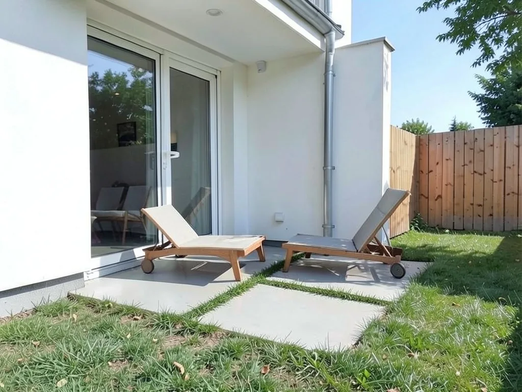 AI-edited version of the same image: large smooth concrete slabs separated by strips of grass where the cracked slab was, with two wooden lounge chairs by the glass door