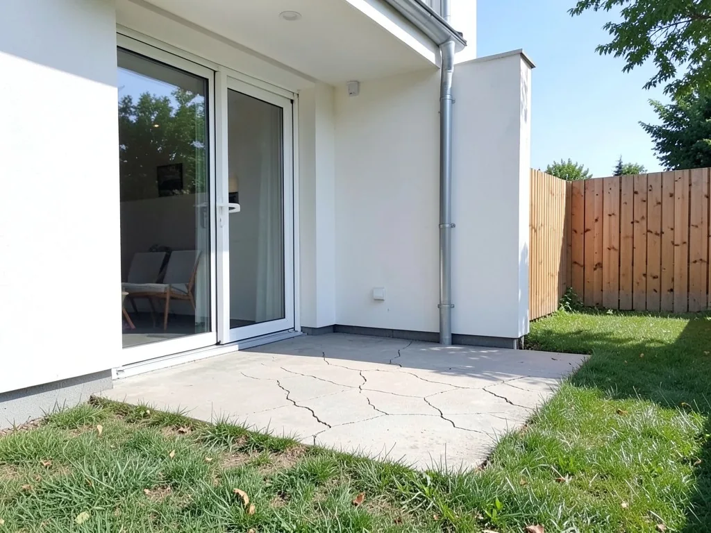 AI-generated example: a small cracked concrete slab outside the glass door of a white rendered modern house, with a lawn around it and a wooden fence at the back