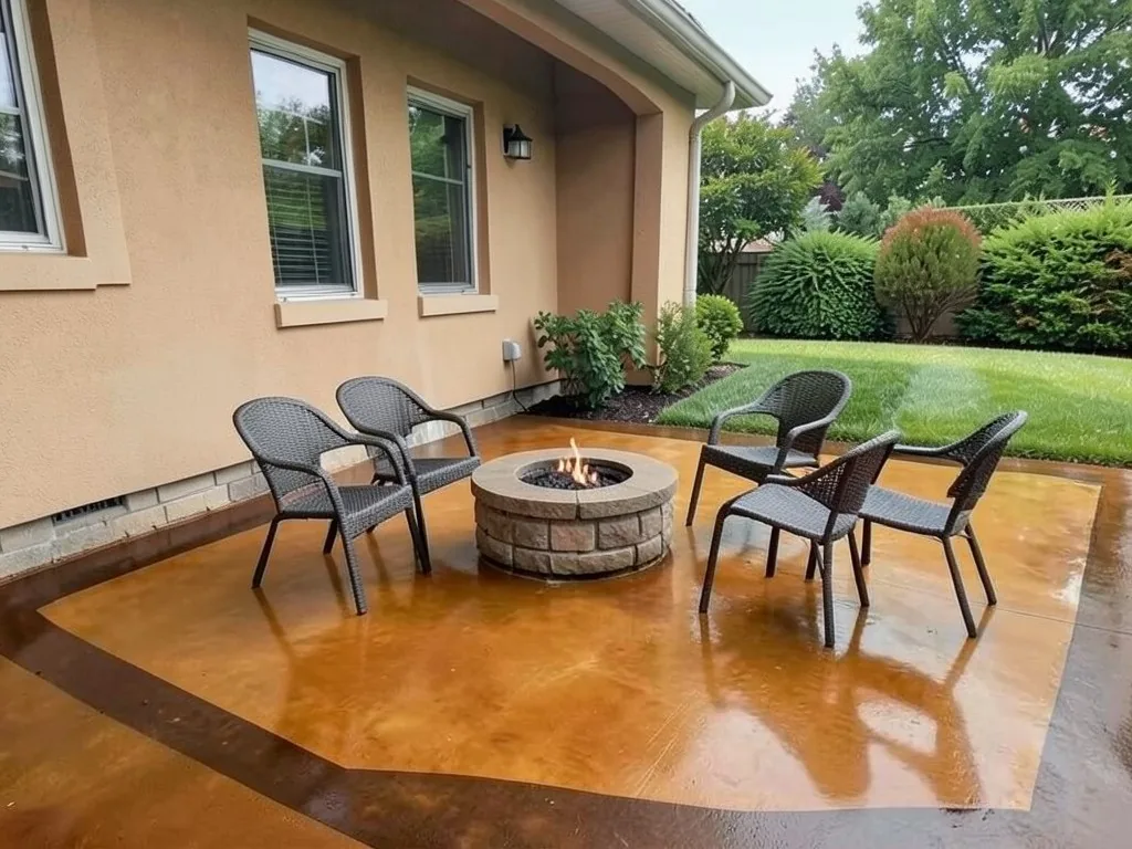 AI-edited version of the same image: the patio in a glossy brown and orange-gold stained finish with a darker brown border, a round stone fire pit with a flame and four dark wicker chairs around it