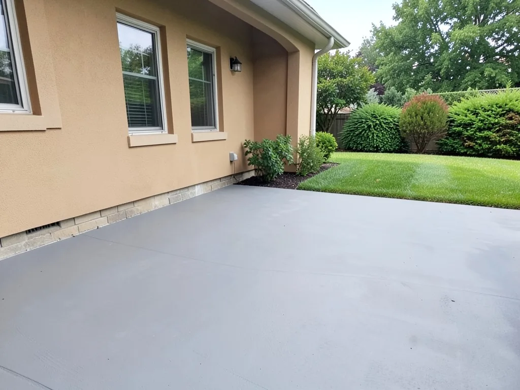 AI-generated example: a plain grey broom-finish concrete patio behind a tan stucco house with two windows, small shrubs along the house, a lawn and large shrubs and trees beyond