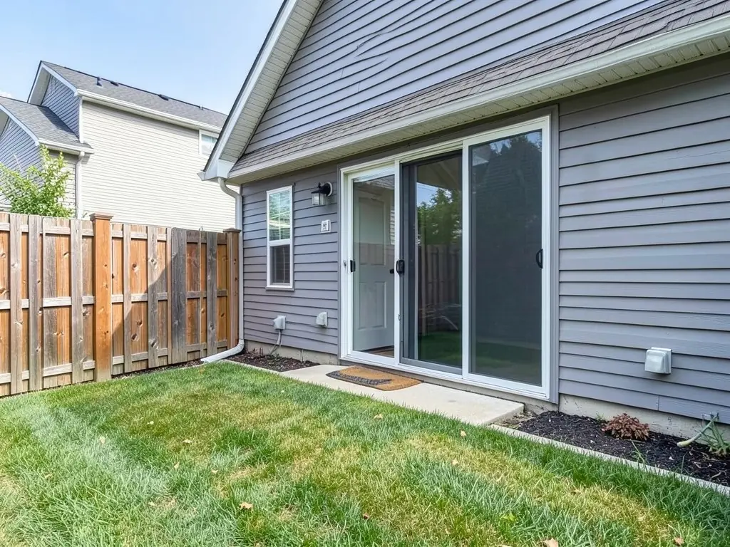 AI-generated example: a lawn beside the back of a grey sided house with a sliding glass door, a narrow concrete walk and doormat at the door, a mulch bed with one plant and a wooden privacy fence