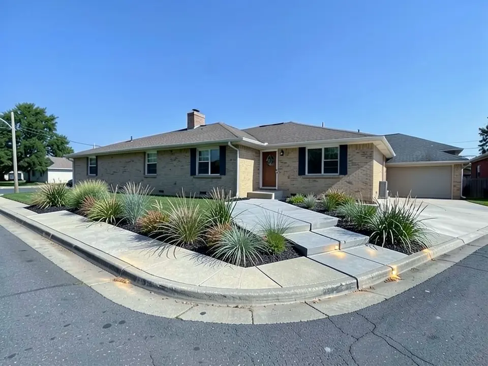 AI-edited version of the same image: mulched beds of ornamental grasses in green, blue-gray and bronze along the sidewalk on both sides of the corner, and a wide walk of large concrete slabs that steps down from the front door to the sidewalk, with small lights in its lowest steps and in the curb