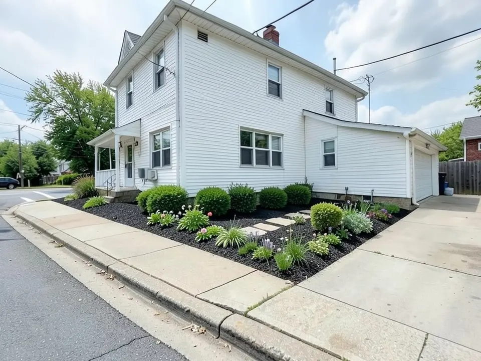 AI-edited version of the same image: the lawn strip turned into a bed of dark mulch with a row of rounded green shrubs along the house wall, low flowering plants in pink, purple, white and yellow in front, and a short row of flat stepping stones in the middle
