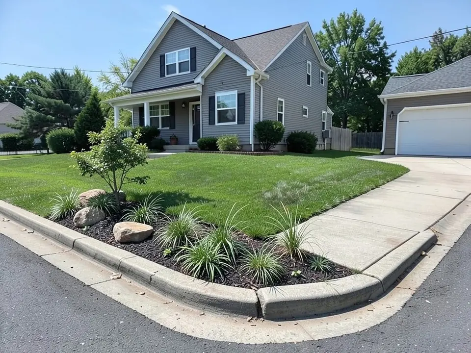 AI-edited version of the same image: the dirt shortcut gone and the lawn whole again, a low bed of dark mulch along the curb at the corner with three tan boulders and clumps of low grass-like plants, and a small young tree at the left end of the bed