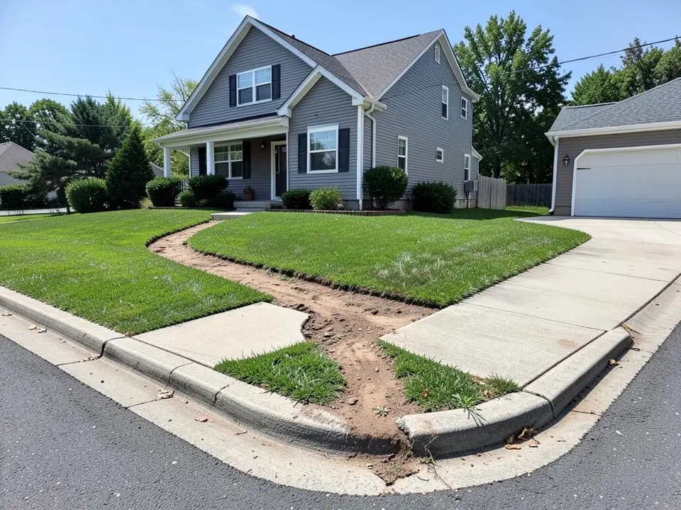 AI-generated example: a two-story gray-sided house with a white front porch behind a green lawn, a bare dirt shortcut worn across the lawn to the street corner through a gap in the curb, a short piece of concrete sidewalk on the left and a concrete driveway and sidewalk on the right leading to a garage