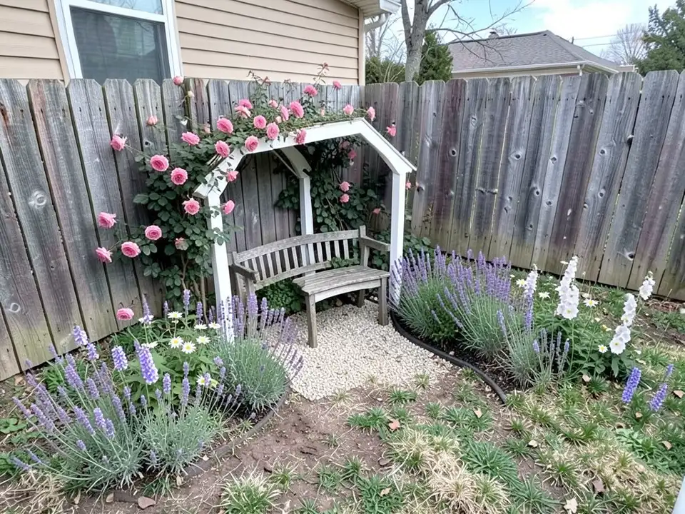 AI-edited version of the same image: a white wooden arbor with a pointed top in the fence corner, pink roses climbing over it and up the fence, a small weathered wooden bench on gravel under it, and curved borders of lavender, daisies and white flower spikes