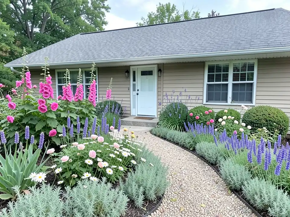 AI-edited version of the same image: the lawn replaced by deep flower borders with tall pink hollyhocks against the house, purple flower spikes, pink roses, white daisies and silvery low plants, and a gravel path with black edging leading to the front door