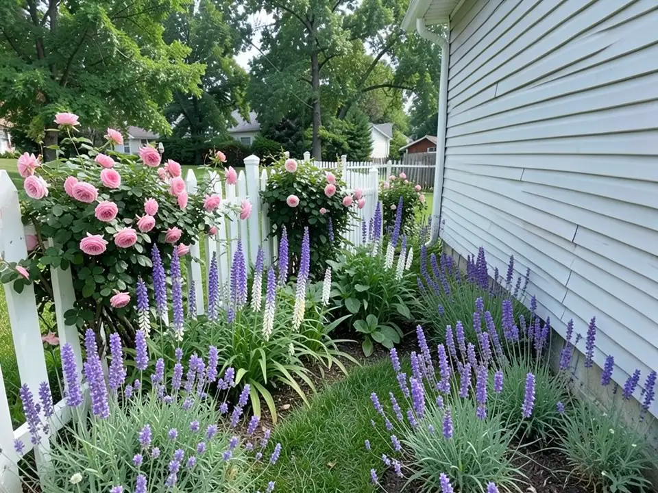 AI-edited version of the same image: pink roses growing over the picket fence, tall purple and white flower spikes, lavender along both the fence and the house wall, and a strip of green grass down the middle