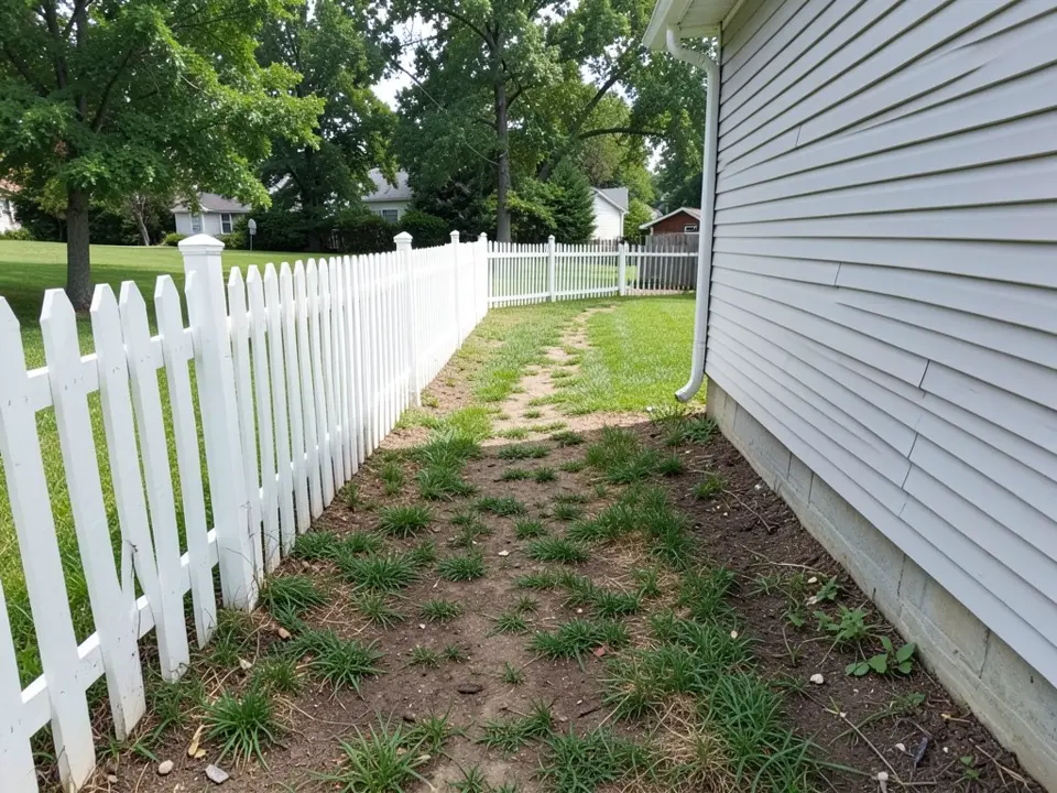 AI-generated example: a narrow side yard between a white picket fence and a light gray vinyl-sided house, with patchy grass and bare soil, a downspout on the house and a neighbor's lawn and trees beyond the fence