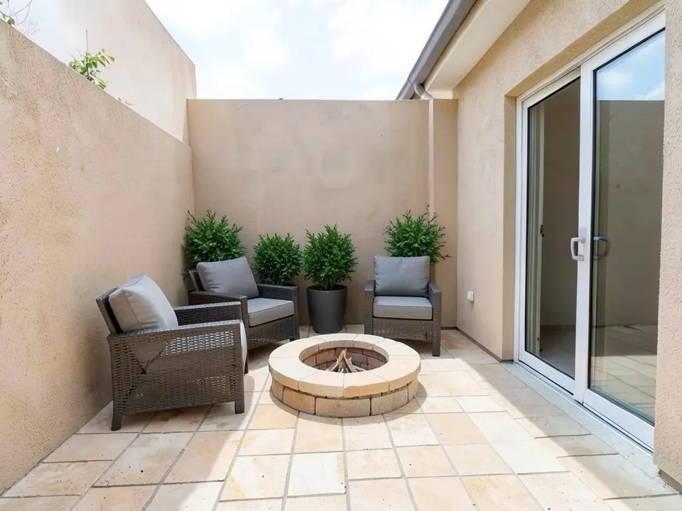 AI-edited version of the same image: a low round stone fire pit with logs in the middle of the paving, three dark wicker armchairs with grey cushions around it, and a row of four green potted shrubs along the back wall, with the paving, the walls and the glass door as before
