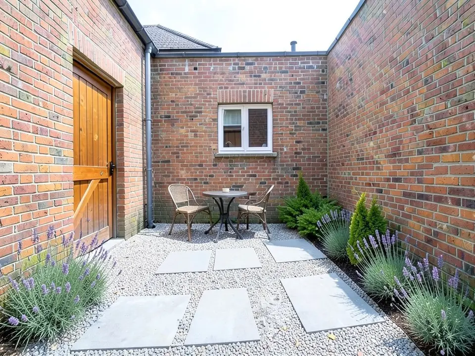 AI-edited version of the same image: the concrete floor replaced by light grey gravel with about six large square grey pavers laid across it, a round bistro table with chairs against the back wall, lavender along the left wall and on the right, evergreen shrubs in the right corner, and the brick walls, door and window as before