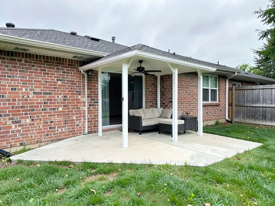 AI-edited version of the same image: a white-posted roof with a ceiling fan is attached to the brick wall over the sliding door and the left side of the slab, with an outdoor sectional sofa with cream cushions under it
