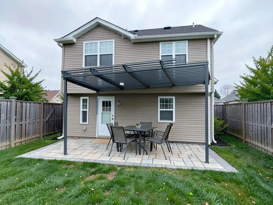 AI-edited version of the same image: a dark grey slatted metal cover with slim posts stands over the paver patio against the house wall, with a dark outdoor dining table and chairs under it