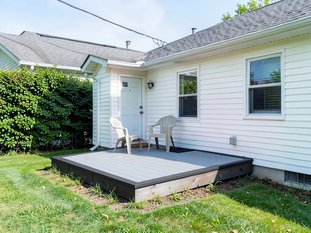 AI-edited version of the same image: the deck surface is now light grey boards with a darker charcoal border around the edge; chairs, house, door and hedge look the same