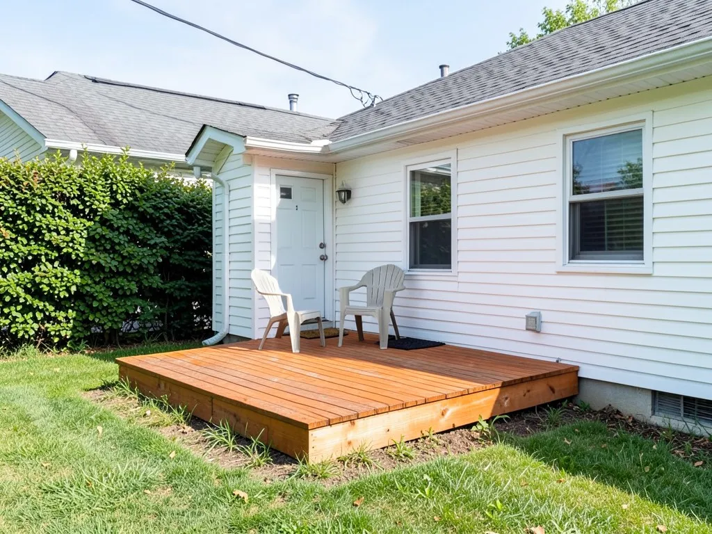 AI-generated example: small square deck of orange-brown boards beside the back door of a white single-story house, with two white plastic chairs, a lawn and a green hedge