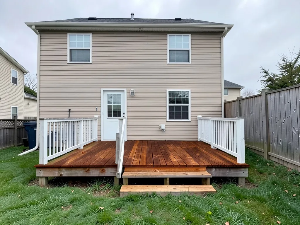 AI-edited version of the same image: the deck boards are now a warm reddish cedar brown while the white railings, house, lawn and fence look the same