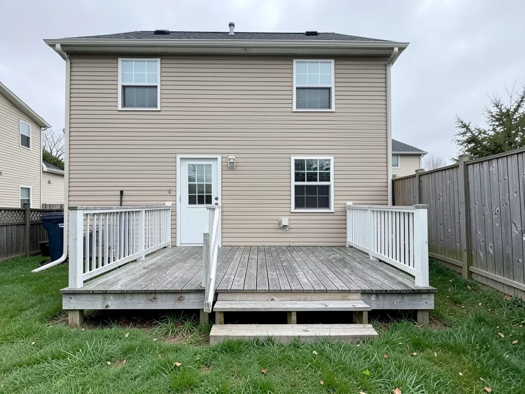 AI-generated example: back of a two-story beige house with a weathered grey wooden deck, white railings, steps down to a green lawn and a wooden fence on the right