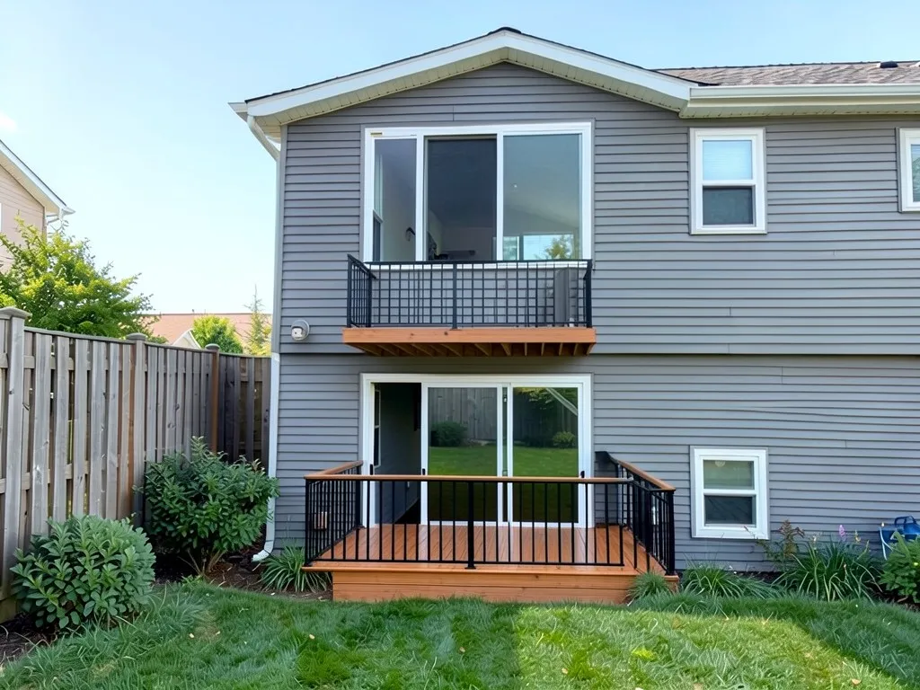 AI-edited version of the same image: a low wooden deck with black metal railing in front of the lower door and a small black-railed balcony with a timber underside beneath the upper window