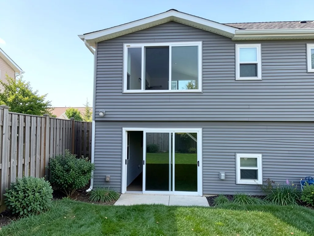 AI-generated example: back of a two-story grey house with a sliding glass door on the ground floor, a large window above, a wooden fence on the left, shrubs and a lawn, and no deck