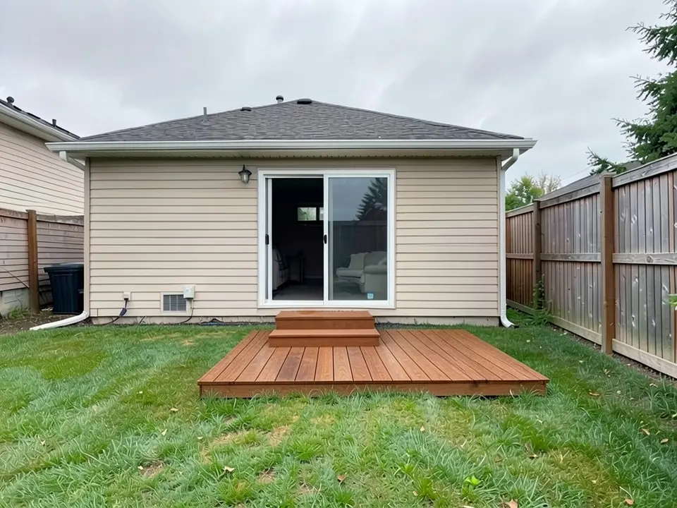 AI-edited version of the same image: the same house and lawn with a low rectangular platform of warm brown wooden boards lying on the grass in front of the door and a small two-tier wooden step against the wall where the concrete step was