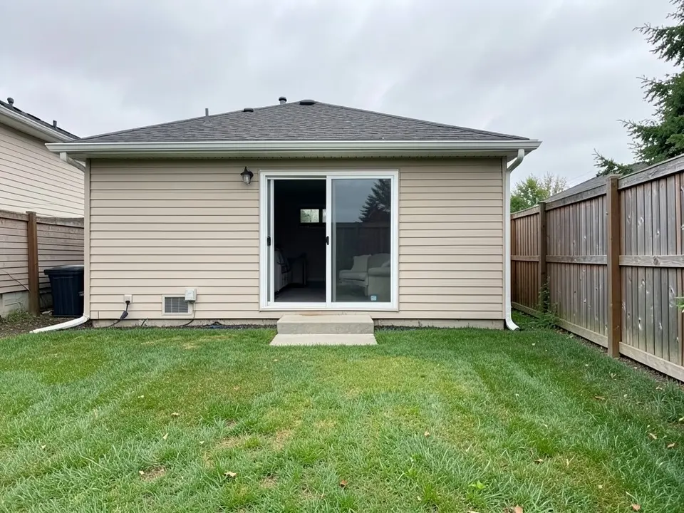 AI-generated example: the back of a one-story beige house with a sliding glass door and a small concrete step at the door, a green lawn in front, a dark bin and white downspouts at the sides and a tall wooden fence on the right under an overcast sky