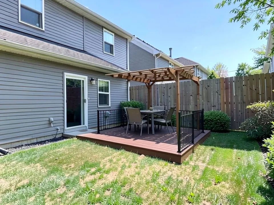 AI-edited version of the same image: a dark brown wooden deck beside the patio door with a black metal railing on two sides and a wooden pergola with a slatted roof over a small dining table and chairs, with the fence and shrubs behind it