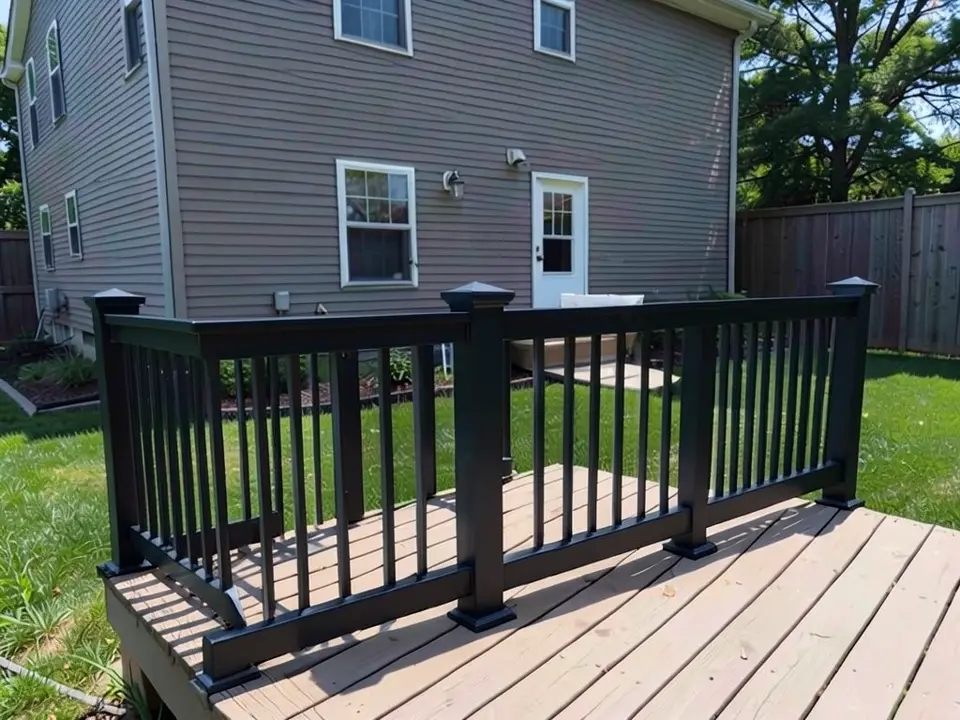 AI-edited version of the same image: the same deck, house, lawn and fence with the railing now black, including the posts, post caps, top and bottom rails and the vertical balusters, drawn in the same shapes and positions as before